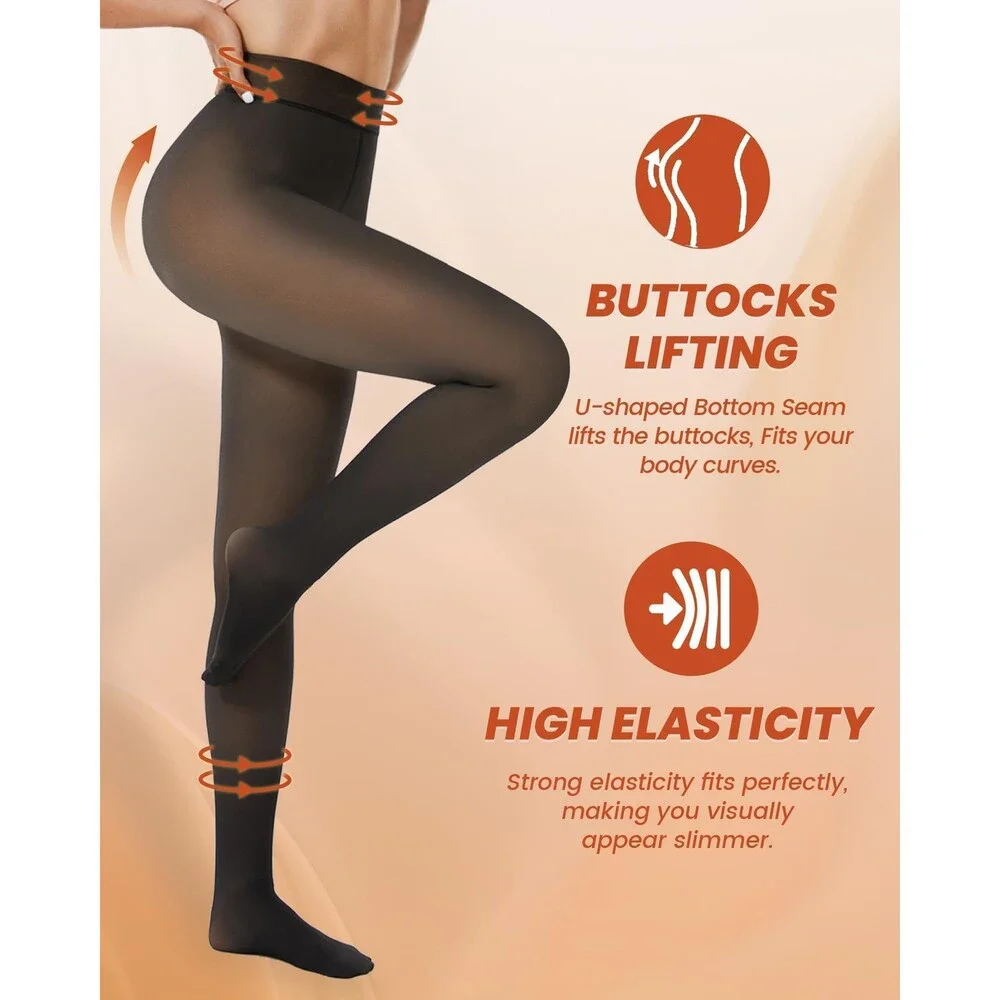 NexiEpoch Women's Black 2 Pairs Fleece Lined Tights Pantyhose Sheer Thick L-XL